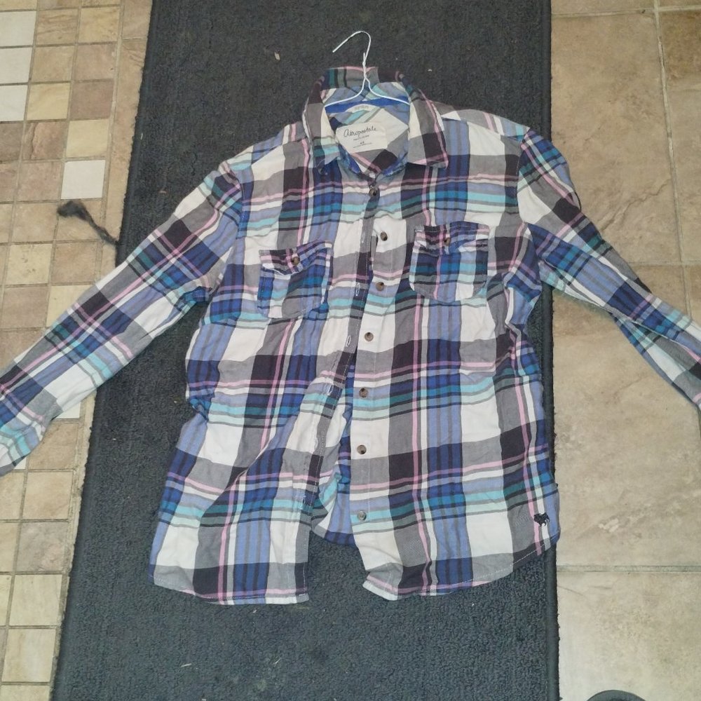 Aeropostale medium but fits like xxs blue pink white and turquoise flannel